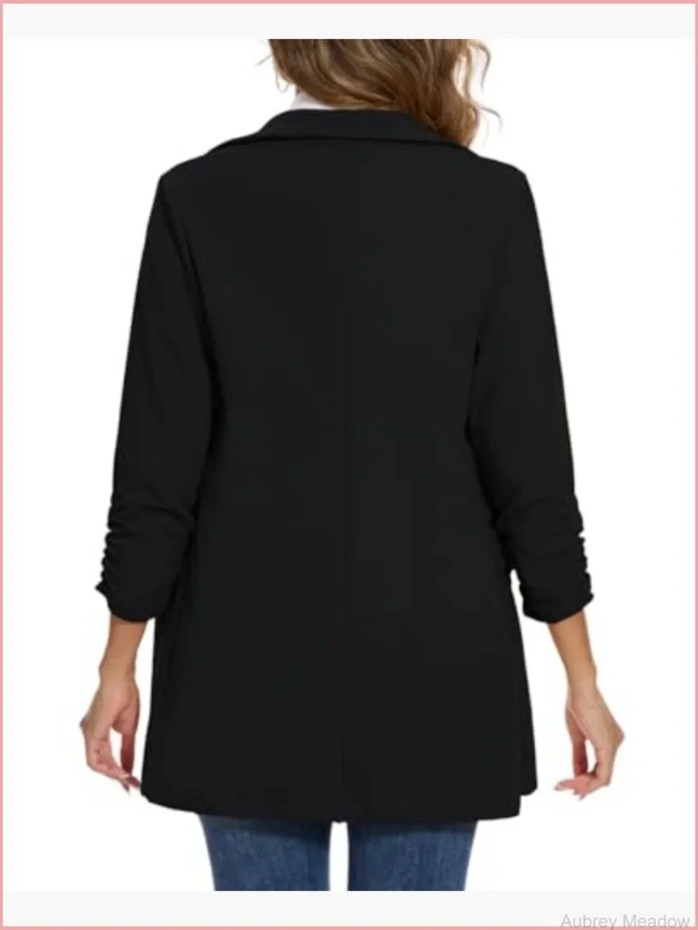 Women's Casual Long Blazer 3/4 Ruched Sleeve Lapel Button Front Work Blazer